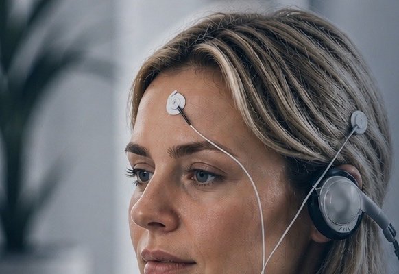Närbild på en person med EEG-sensorer på pannan och vid örat.