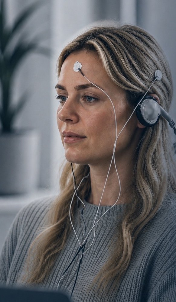 Närbild på EEG-sensorer fästa på pannan och vid örat under neurofeedbackträning.
