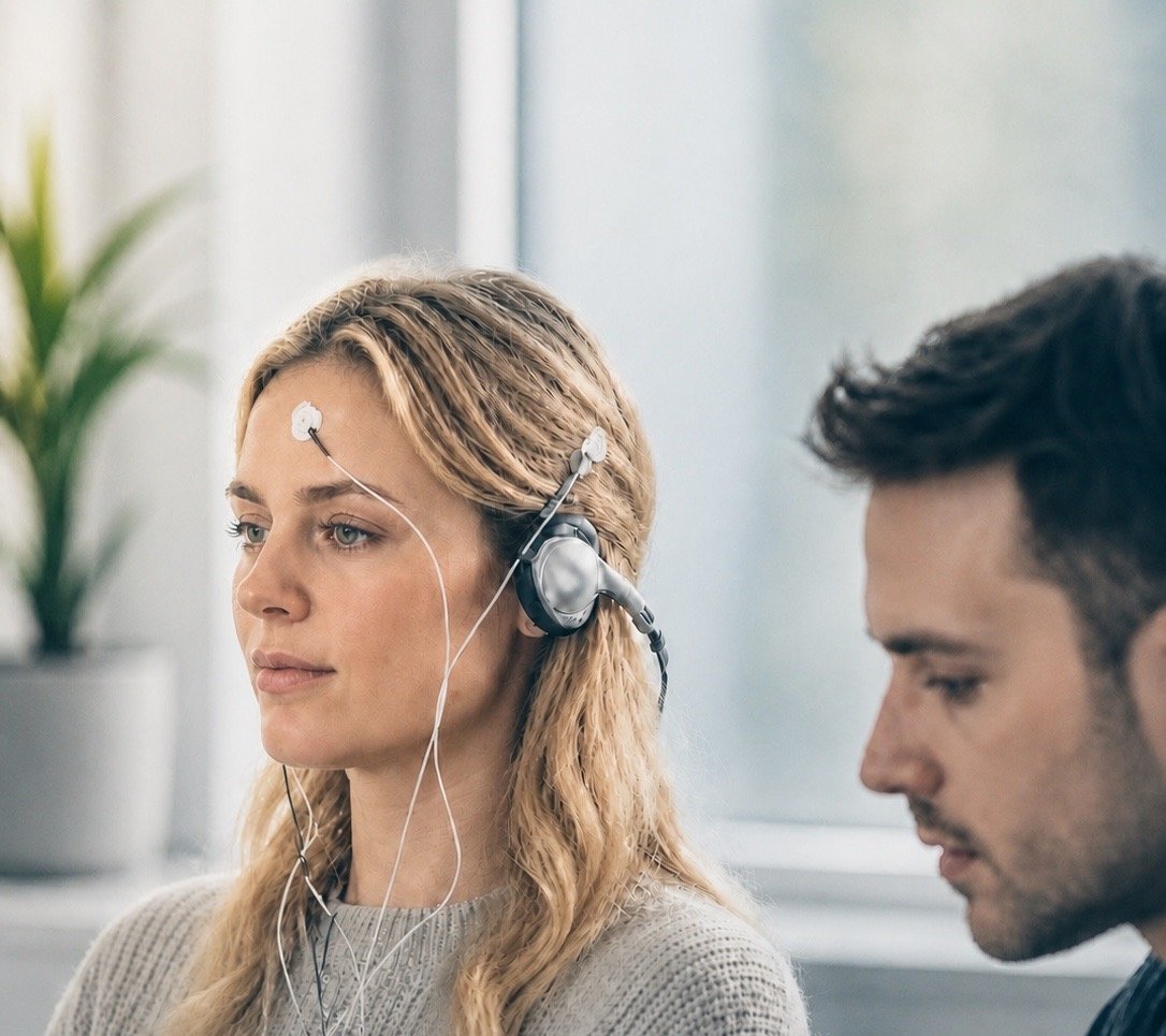 En person med EEG-sensorer på pannan under en neurofeedbacksession, med en behandlare bredvid sig.